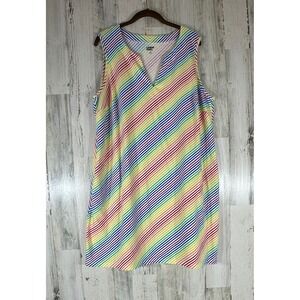 Lands End Shift Dress Plus Size 1X Sleeveless Rainbow Stripe Notch Neck Pockets
